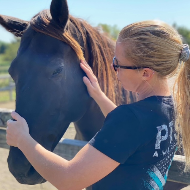A person gently touching a horse's face outdoors at Hidden Pastures
