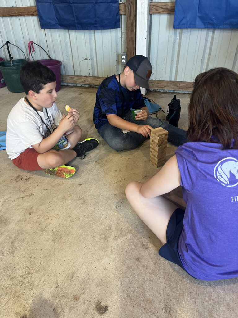 Kids participating in a farm camp activity at Hidden Pastures