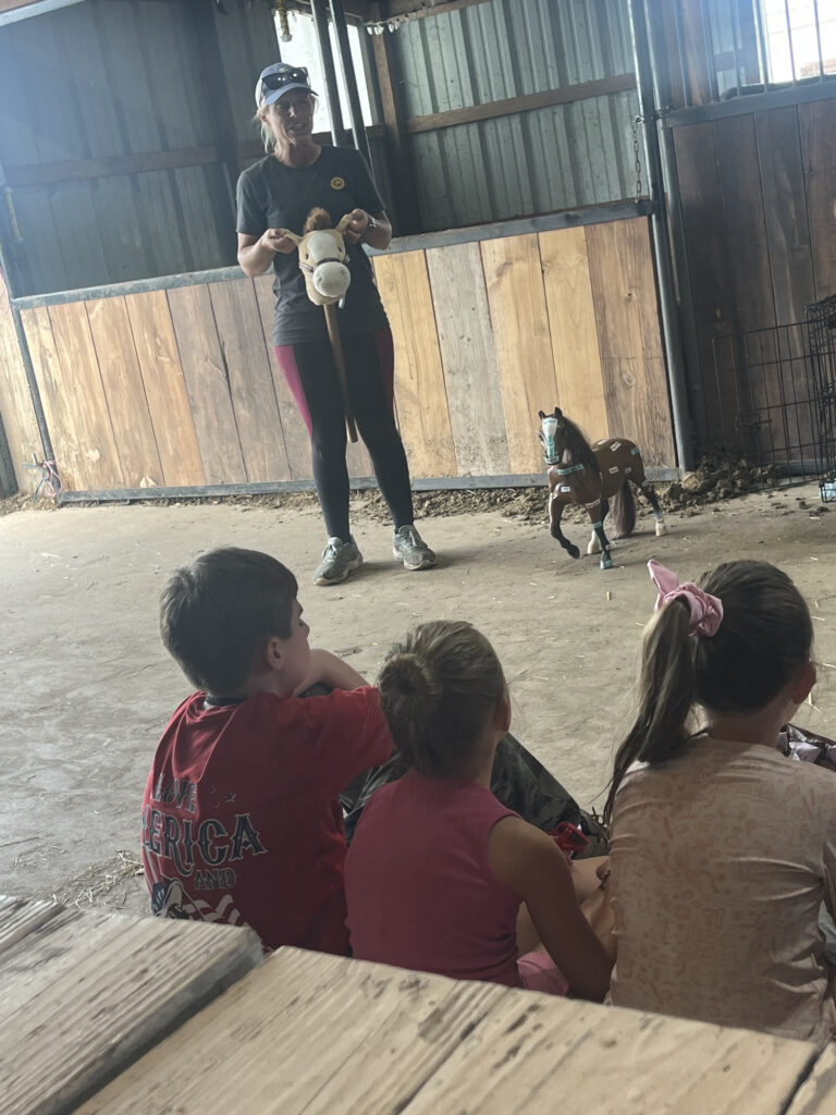 A Hidden Pastures team member teaching children with a foal